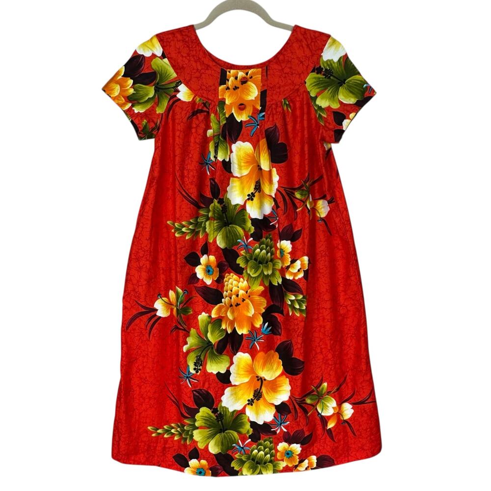 Vintage 60s Reef Hawaiian Muumuu Dress Size XS Floral Aloha Midi Red Tiki Tropic